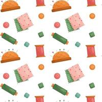 Vector pattern with sewing tools. Pincushion, fabric, threads, buttons