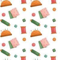 Vector pattern with sewing tools. Pincushion, fabric, threads, buttons