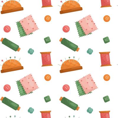 Vector pattern with sewing tools. Pincushion, fabric, threads, buttons