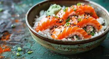 ai generado un cuenco de Sushi con salmón en parte superior foto