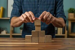 AI generated a man is grabbing some wooden blocks representing financial growth photo