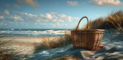 ai generado un picnic cesta se sienta en un arenoso playa foto