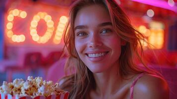 ai generado un sonriente joven mujer sentado en el cine y comiendo palomitas de maiz película foto