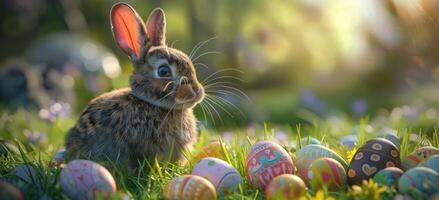 AI generated a rabbit sits in grass with an array of colorful easter eggs photo