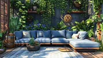 AI generated a sectional sofa with blue cushioned cushions, planters, and a wall with plants photo