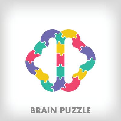 Creative puzzle pieces brain logo. Unique color transitions. Education, reading and growth stage logo template. vector