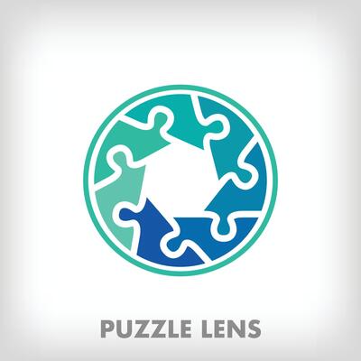 Creative puzzle pieces lens logo. Unique color transitions. Education, research and growth stage logo template. vector