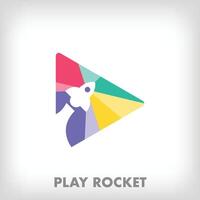 Rocket logo inside creative play sign. Unique color transitions. Science, media and space logo template. vector