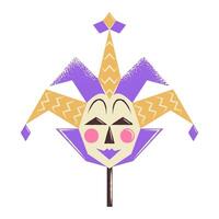 Venetian harlequin mask on a stick. Bright yellow and purple joker mask. Flat vector illustration isolated on white background.