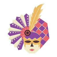 Multicolored masquerade mask with feathers. Brightly colored carnival accessory. Flat vector illustration isolated on white background.