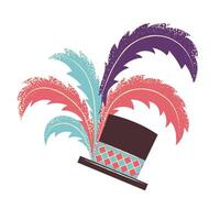 Bright carnival hat with five colorful feathers. Accessory for masquerade. Flat vector illustration isolated on white background.