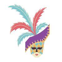 Elegant masquerade mask with hat and feathers. Brightly colored carnival accessory. Flat vector illustration isolated on white background.