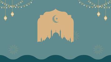 Ramadan Kareem greeting card with mosque and lanterns. Vector illustration