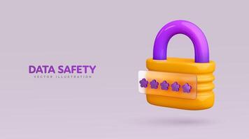 Safety, encryption, protection, privacy signs. Yellow digital security lock. Data protection padlock with password 3d cartoon design on white background. vector