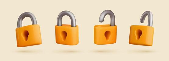 Yellow cartoon padlocks set 3d vector illustration. Closed and open isolated locks with keyhole collection on white background.