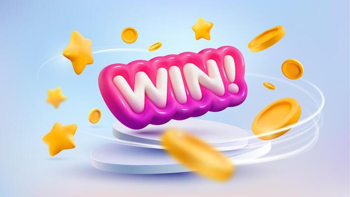 Celebration of win with flying around coins and stars on light background. Winning vector illustration. 3d realistic inflated winword on podium.