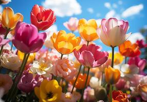 AI generated Bed of blooming tulips. Flowers and plants in spring photo