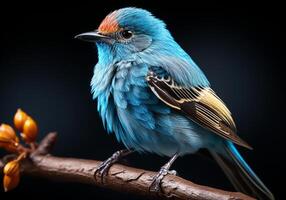 AI generated Small blue bird isolated on black background. Wildlife. photo