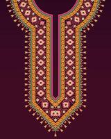 The colorful neckline design with Navajo ethnic patterns on dark purple background for Indian kurta vector