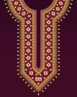 The colorful neckline design with Navajo ethnic patterns on dark purple background for Indian kurta vector