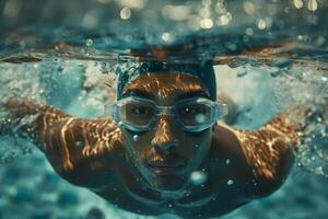 ai generado competitivo nadador ejecutando un mariposa carrera en piscina foto