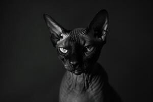 AI generated Bald Sphynx cat with wrinkled skin, close up portrait photo