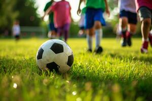 ai generado niños jugando en un simpático fútbol partido foto