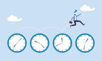 Time management, procrastination or work productivity, finish project within deadline, work efficiency or planning, fast pace project concept, businessman expert jumping on time passing clock. vector