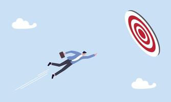 Goal achievement, challenge or mission to win and achieve success target, leadership, motivation and skill to reach work objective concept, businessman superhero flying fast through business target. vector