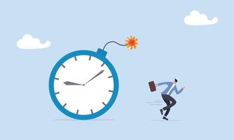 Fearful businessman running away from detonated time countdown bomb about to explode, time management, project deadline countdown or problem or trouble to deliver or launch product concept vector