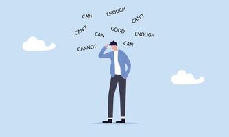 Self doubt businessman thinking if he can or cannot make it, self doubt, imposter syndrome or personal incompetence, confusion or no confidence to make decision or not good enough thinking concept. vector