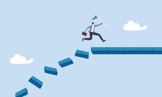 Businessman jumping on collapse bridge to reach target, survive and success in crisis, taking risk to thrive and succeed, courage or confidence to achieve target, effort to ovetrcome challenge concep vector