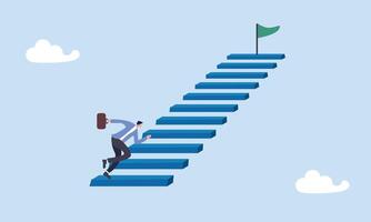 Stair to success, career path or step to achieve business target, ladder of success, improvement or challenge to reach goal, growth or ambition concept, businessman running up stair to reach goal. vector