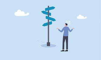 Business decision making, confusing businessman manager looking at multiple road sign and thinking which way to go, career path, work direction or leadership to choose the right way to success concept vector