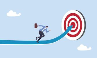 Ambitious businessman running on growth arrow path to target bullseye, progress to goal or reaching business target, motivation or challenge to achieve success, career growth or improvement concept vector