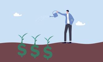 Happy businessman investor holding watering can to watering grow sprout seedling he plant from dollar, dividend investment, prosperity and economic growth or saving and business profit concept vector