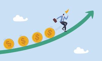 Businessman investor, fund manager holding flag lead money coins running up rising, Investment profit and earning, stock market growth or fund flow depend on interest rate and inflation concept. vector