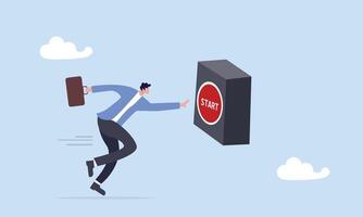 Push start button to start new business, entrepreneur to begin new company, startup to launch project, opportunity, decision to make or motivation concept, businessman run to push red start button. vector