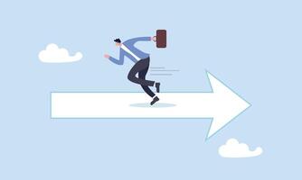 Confused businessman running in wrong opposite direction of trend arrow, wrong direction lead to mistake, leadership decision to be difference or opposite, mislead or false to get lost concept vector