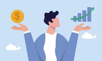 Professional choosing asset for earning or profit in market concept, businessman compare between value and growth stock in his hand, value stock vs growth stock, comparison between investing style. vector