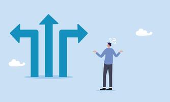 Direction choice, crossroad or decision for career path, choosing path way, challenge or opportunity doubt, determination or tough decision concept, business man thinking on difference career path. vector