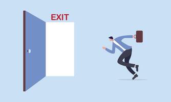 Quit routine job, escape way or solution for business dead end to be success or exit from work difficulties concept, businessman worker in suit running in hurry to emergency door with the sign exit. vector