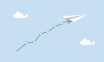 Business earning growth, Stock market soaring, economic prosperity concept, paper plane pulling line graph up rising into the clouds. vector