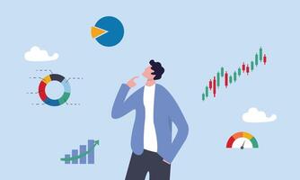 Businessman financial data analysis, growth earning income concept, economic and growth diagram, stock market exchange data, investment analysis, businessman thinking with data chart and graph. vector