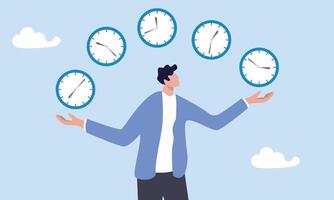 Confidence businessman expert juggling clock in difference time, time management, punctuality or work deadline, schedule plan or reminder, productivity expert or timer countdown, expertise concept vector