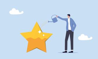 Ambition or motivation to success or being excellence, aspiration and effort to improve, growing and best performance concept, ambitious businessman fill in golden star price metaphor of success. vector