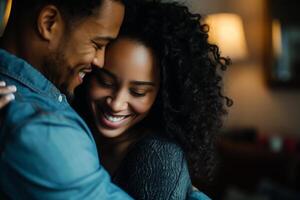 ai generado sonriente Pareja bailando y abrazando en vivo habitación foto