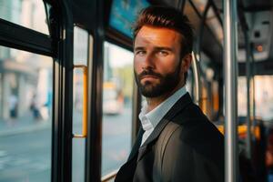 AI generated Business man rides bus to work photo