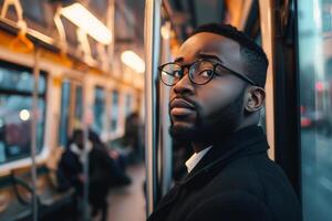 AI generated Black business man rides bus to work photo