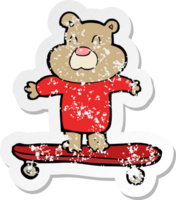 retro distressed sticker of a cartoon bear on skateboard png